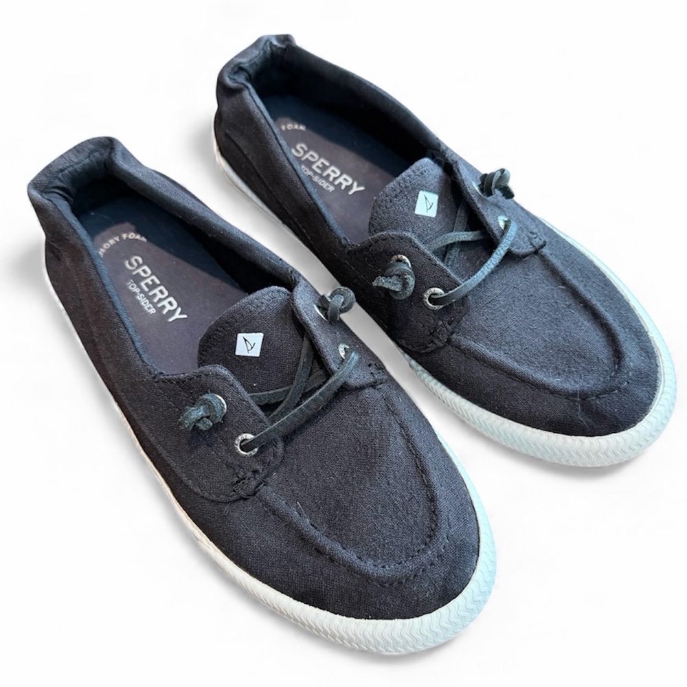 Sperry Lounge Away 2 Black Canvas Women’s US 8 Nautical Sail Boat Shoes